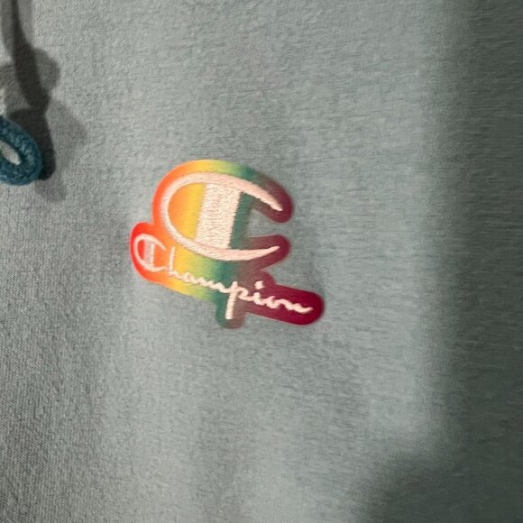 Champion Pullover Hoodie Embroidered Logo Blue Rainbow Sweatshirt Size M - Picture 7 of 10